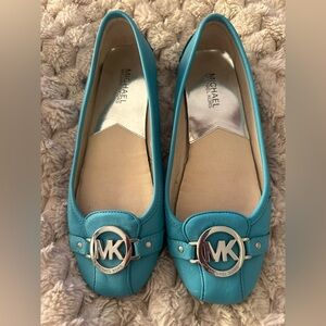 Authentic Michael Kors Turquoise Fulton Flats with Silver MK Logo- 8.5